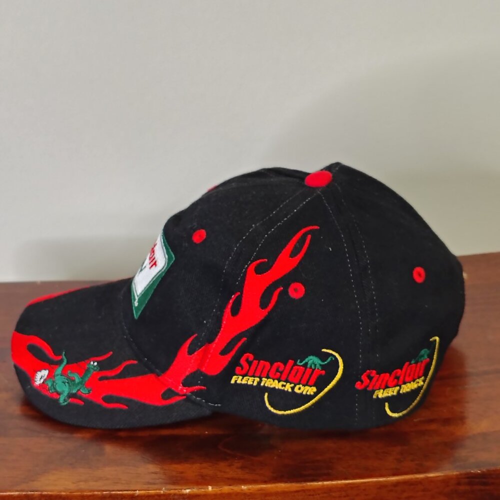 Sinclair Hat Cap Strap Back Black Red Dino Flame Racing Mens - Picture 2 of 12